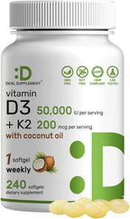 DEAL SUPPLEMENT Vitamin D3 50,000 IU + K2 MK7 200mcg Softgels, 240 Count | 2-in-1 Complex with Virgin Coconut Oil | Supports Heart, Bone, Teeth & Immune Health | Easy to Swallow