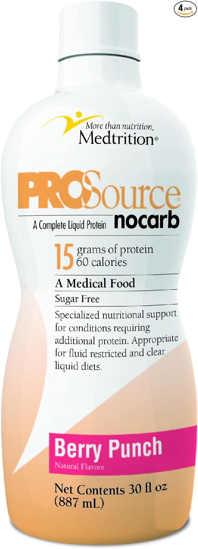 Liquid Collagen Peptides Type I, III 15 Grams Protein per Oz. |Prosource NoCarb Berry Punch 4 Bottles Pack Medtrition|
