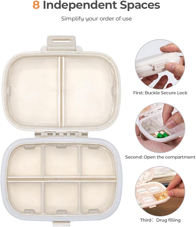Travel Pill Organizer, 6+2 Extra Large Compartments Portable Pill Case, Daily Pill Box to Hold Vitamins, Small Pill Container for Pocket Purse Medicine Organizer（Beige）