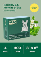 Earth Rated Pet Wipes for Dogs and Cats, Hypoallergenic, 3-in-1 Cleaning, Deodorizing and Hydrating, for Grooming Paws, Body and Butt, New White Tea and Basil Scent, 400 Count