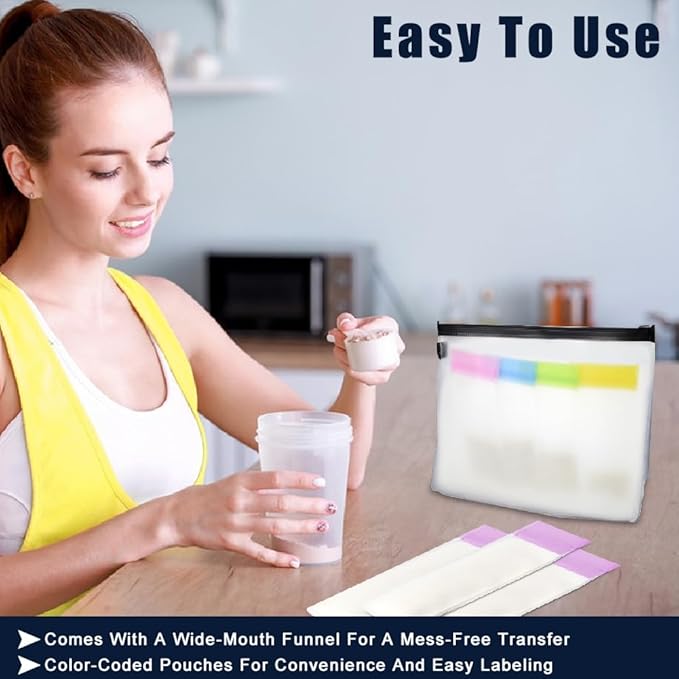 Abnaok 47PCS Protein Powder Travel Container Set,Reusable Powder Supplement Container with 21PCS Single Dose Powder Bags，Zip Up Bags，Funnels, Spoons and Sheet Labels, Spring Buckle，Zipper Rings