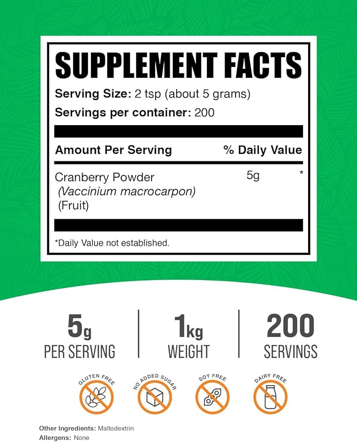 BulkSupplements.com Cranberry Powder - Cranberry Supplements for Women & Men, Air Dried Cranberries - Unsweetened & Gluten Free, 5g per Serving, 1kg (2.2 lbs) (Pack of 1)
