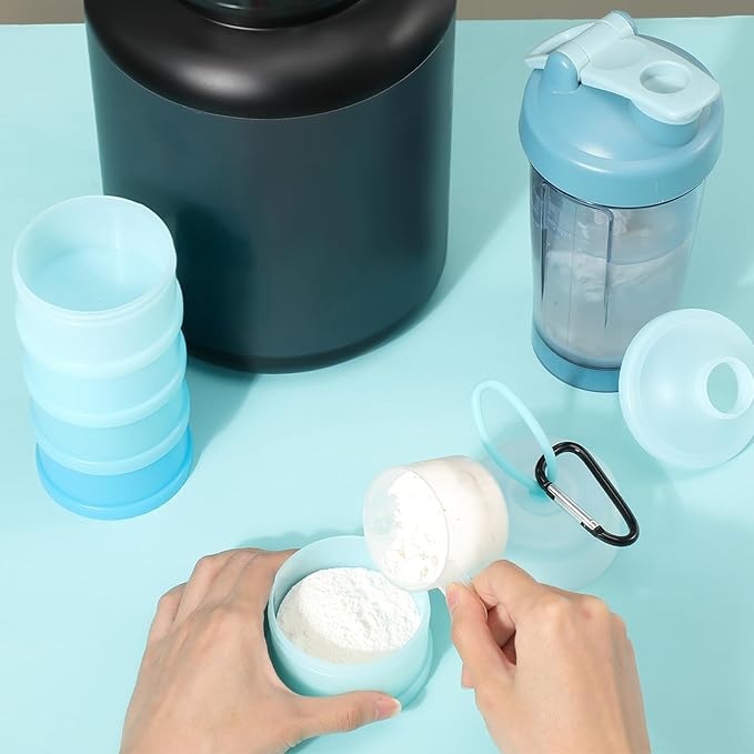 Baderke 2 Pcs Protein Powder Containers with Funnels Stand, 5 and 3 Layers Stackable Powder Supplement Travel Container Formula Organizer Storage Powders Holder for Travel Workout Fitness(White,Blue)