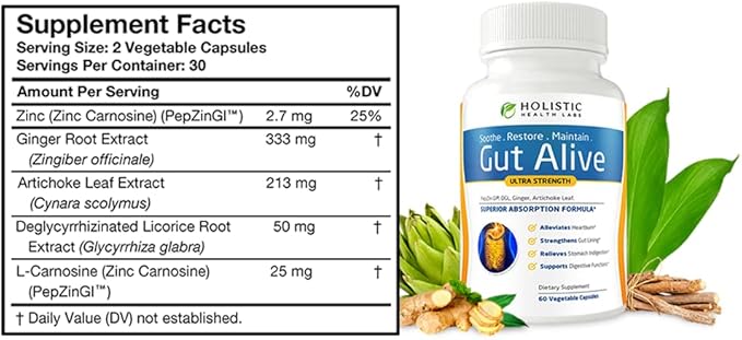 Holistic Health Labs Gut Alive - All Natural Support to Fight IBS, Heartburn, Acid Indigestion, Acid Reflux, Bloating & Gas. Unique Formulation (60 Count (Pack of 3))
