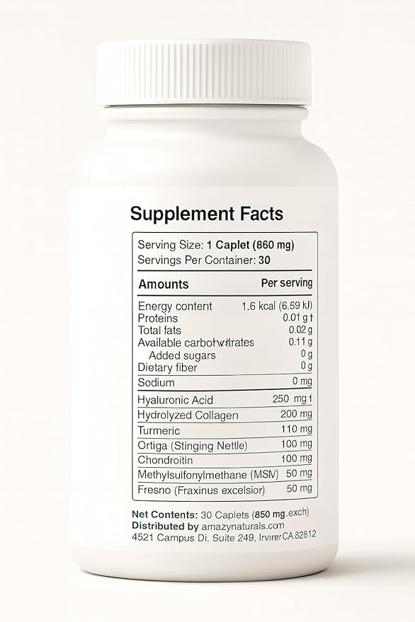 Hyaluronic Acid Collagen Joint Support Supplement with Turmeric, Glucosamine, Chondroitin & MSM – Flexibility & Cartilage Support – 850mg – 30 Caplets
