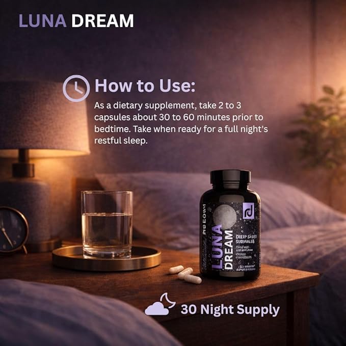 Luna Dream Natural Sleep Supplement for Relaxation & Restful Sleep (90 Capsules) - Natural Sleep Aid with Valerian Root, Ashwagandha, Magnesium, L-Tryptophan, Lemon Balm, & More - Melatonin Free