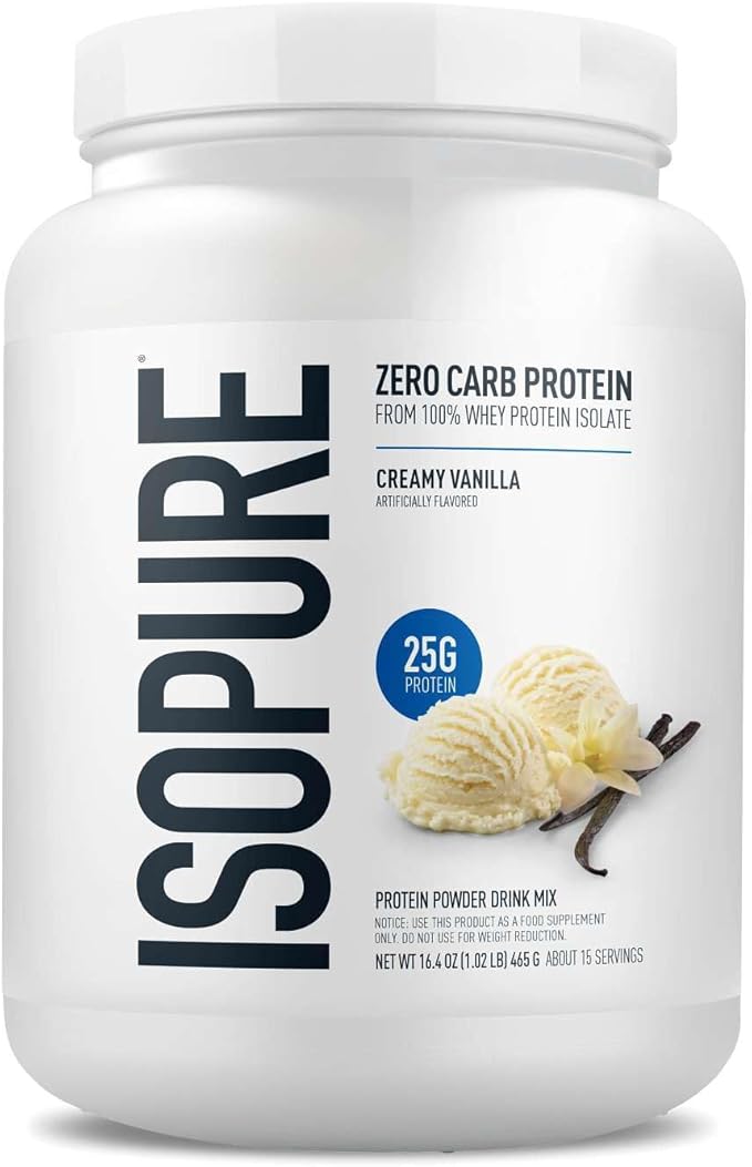 Isopure Zero Carb 100% Pure Whey Isolate Protein Powder, Lactose Free, Gluten Free, with Vitamins, Creamy Vanilla, 25g Protein Per Serving, 1 Lb, 15 Servings (Packaging May Vary)