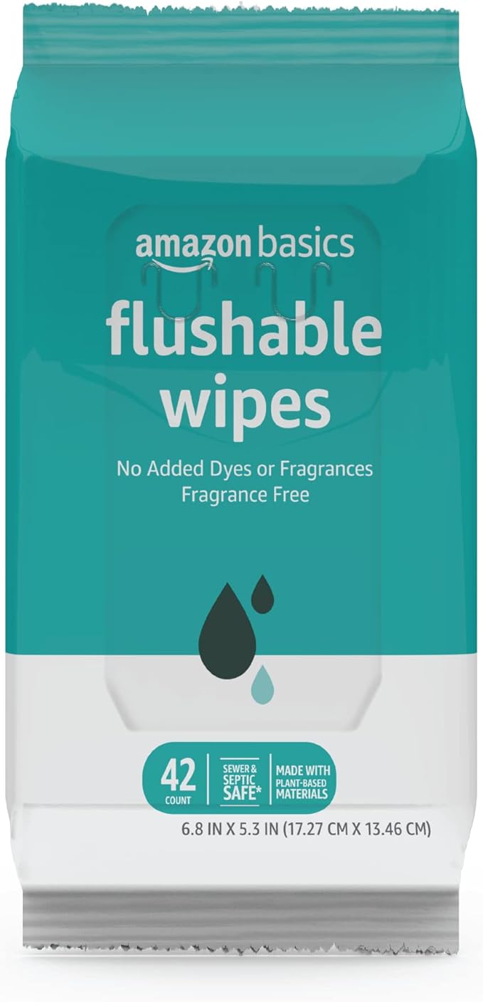 Amazon Basics Adult Wet Wipes Flushable formulated without Fragrance, 126 Count (3 Packs of 42) Packaging May Vary