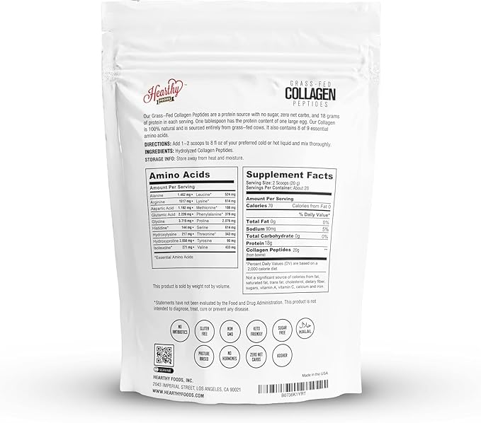 HEARTHY FOODS Collagen Powder - 18g Protein - Pure Halal Collagen Peptides Grass Fed Organic Hydrolyzed Powder | Type I and III Unflavoured Keto Friendly Gluten Free No Sugar Non GMO 16 Oz