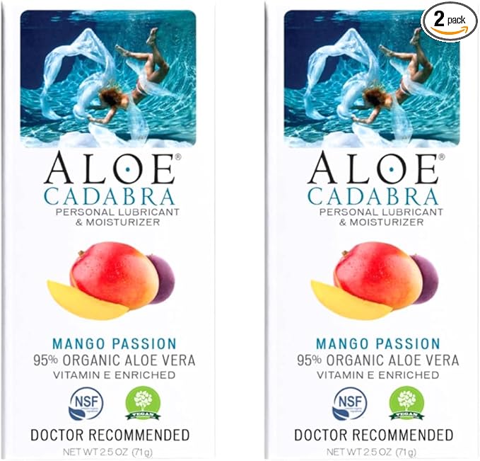 Aloe Cadabra Flavored Personal Lubricant and Vaginal Moisturizer, Organic Edible Aloe Lube for Men, Women and Couples, Non-Staining, pH Balanced, Toy Compatible (Mango Passion, 2.5 Ounces, 2 Pack)