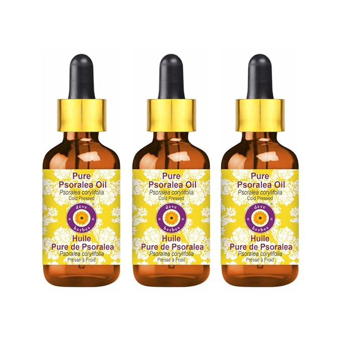Deve Herbes Pure Psoralea Oil (Psoralea corylifolia) with Glass Dropper Cold Pressed (Pack of Three)100ml X 3 (10 oz)