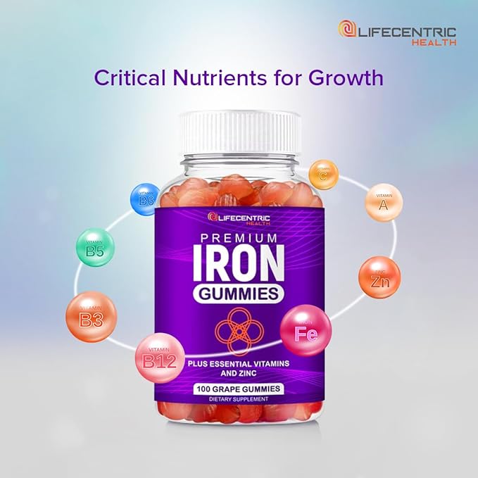 LifeCentricHealth Iron Gummies | Biotin Zinc Vitamin B Folic Acid Gummies | Vegan Gluten Free for Women & Men