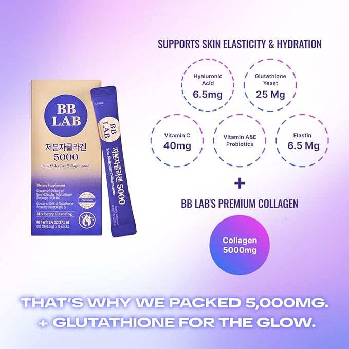 BB LAB Low Molecular Collagen 5000, Powder Type Korean Marine Collagen, Fish Collagen Peptides, Hyaluronic Acid, Elastin, Glutachione, Vitamin C, Fast Absorb, Mix Berry Flavor