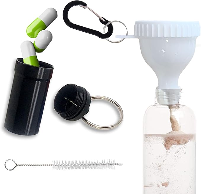 Protein Powder Funnel Set Travel Protein Powder Containers White with 1 Carabiner 1 Brush and 1 Mini Pocket Pill Box Reinforced to Prevent Spills Gym Pre-Workout Supplement Powder Funnels