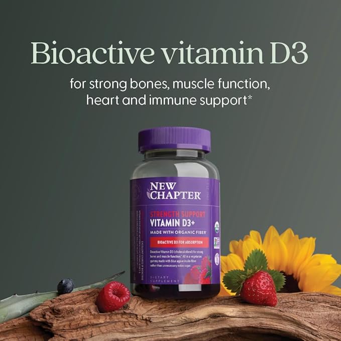 New Chapter Organic Vitamin D3+ Gummies – 52% Less Sugar§, 1,000 IU USDA Organic Vitamin D, ONE Daily Gummy for Strong Bones & Muscle Function, Non-GMO, Gluten Free, Mixed Berry Flavored, 60ct