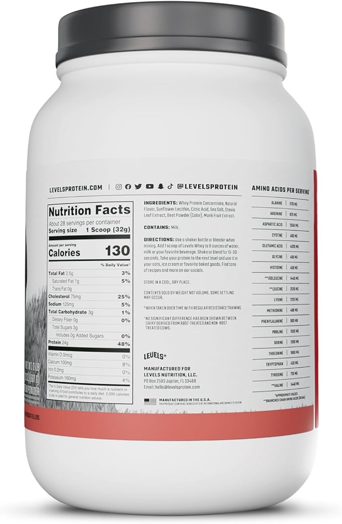 Levels Grass Fed Whey Protein Powder, No Artificials, 24G of Protein, Strawberry, 2LB