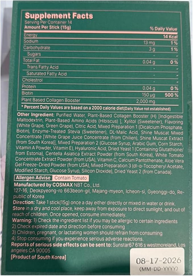 BB LAB Plant Collagen Booster Glow Shot 15g*14sticks, Korea Collagen Extract with Biotin, 2,000mg Vegan Collagen Booster for Woman, Plant-Based, Fast Absorption, Shine Muscat Flavor