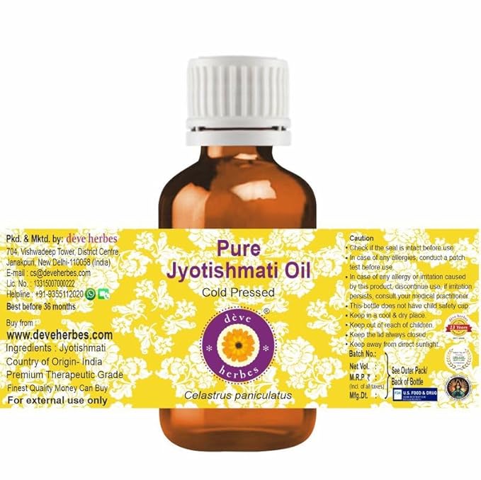 dève herbes Jyotishmati Oil (Celastrus paniculatus) | Cold Pressed | Pure | Natural | Undiluted | For Diluting Essential oils | For Skin & Massage | Non-Sticky| Lightweight| Men & Women | 30ml (1 oz)