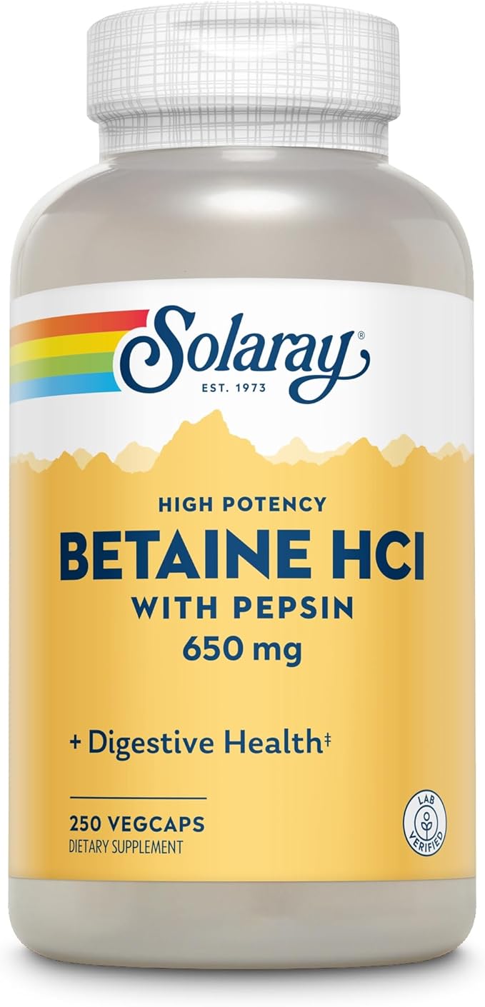 SOLARAY Betaine HCL with Pepsin - High Potency Hydrochloric Acid Formula - Digestive Health Supplement with Digestive Enzymes for Gut Health Support - 60-Day Guarantee, 250 Servings, 250 VegCaps