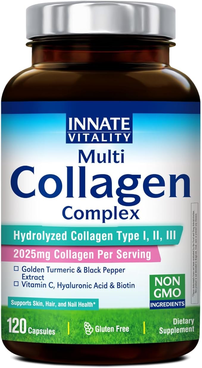 Innate Vitality Multi Collagen Peptides, Type I, II, III, Vitamin C, Biotin, Hyaluronic Acid & Turmeric, 2025mg Hydrolyzed Collagen for Women & Men, Skin, Hair & Nail Support, 120 Capsules