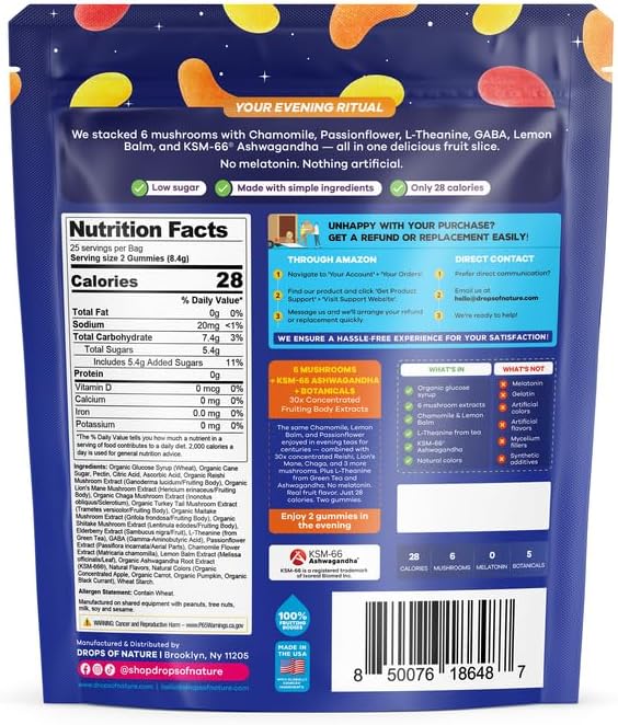 Drops Of Nature Mushroom Sleep Gummies Melatonin-Free – Ashwagandha L Theanine Elderberry Lions Mane Turkey Tail Lemon Balm GABA – Nighttime Mushroom Superfood Blend (Mixed Fruits, 50 Gummies)