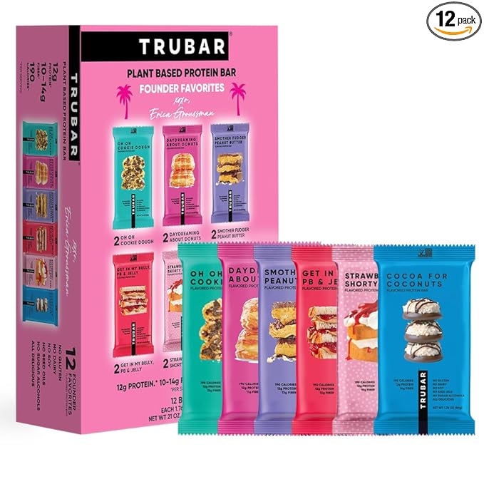 TRUBAR Vegan Protein Bars, 12 Count Founder Favorites Variety Pack, (2 Each – OOCD, DAD, SFPB, PBJ, SSGC & CoCo), Gluten Free, Plant Based, Dairy Free, High Fiber, Healthy On-the-Go Snack Bars