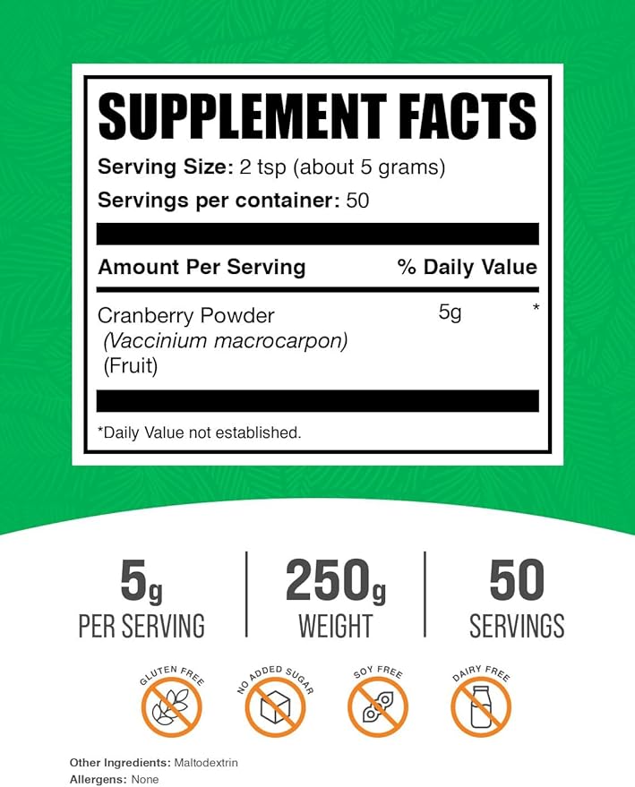 BulkSupplements.com Cranberry Powder - Cranberry Supplements for Women & Men, Air Dried Cranberries - Unsweetened & Gluten Free, 5g per Serving, 250g (8.8 oz) (Pack of 1)