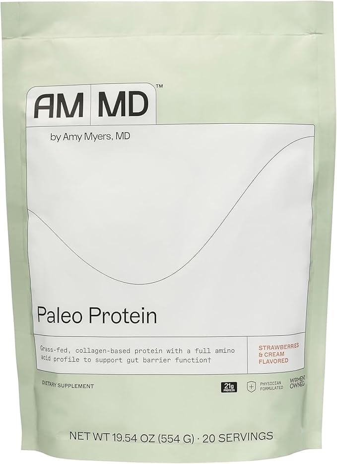 Amy Myers MD Paleo Protein Powder - Strawberries & Cream, 20 Servings - Collagen-Based Gut Function Support - Gluten-Free & Non-Dairy Protein Supplement