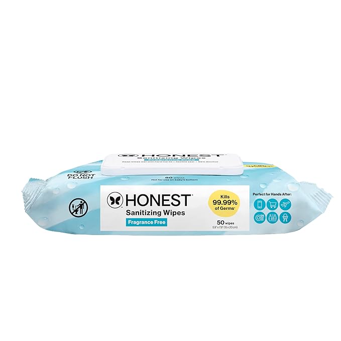 The Honest Company Fragrance-Free Sanitizing Alcohol Wipes, Antibacterial Safe for Hands, Kills 99% of Germs, Made With Aloe, 50 Count (1 Pack)