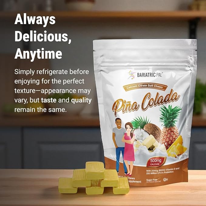 BariatricPal Sugar-Free Calcium Citrate Soft Chews | 500mg with Vitamin D & Probiotics | Piña Colada | 90 Count (1 Month Supply)