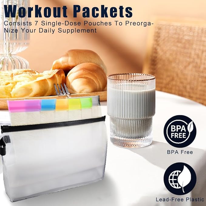 Abnaok 47PCS Protein Powder Travel Container Set,Reusable Powder Supplement Container with 21PCS Single Dose Powder Bags，Zip Up Bags，Funnels, Spoons and Sheet Labels, Spring Buckle，Zipper Rings