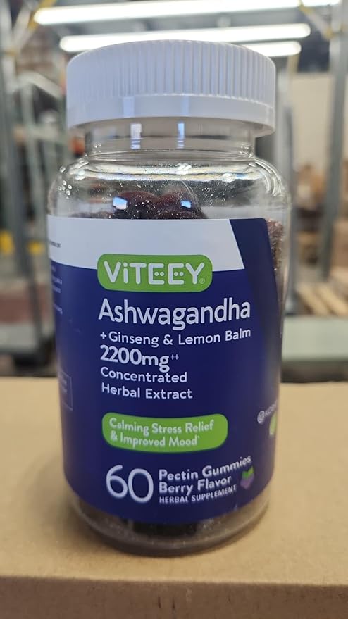Viteey Ashwagandha Gummies with Ginseng & Lemon Balm - Mood, Calm & Stress Support Ashwagandha Supplements - Vegan, Gluten-Free - 60 Count