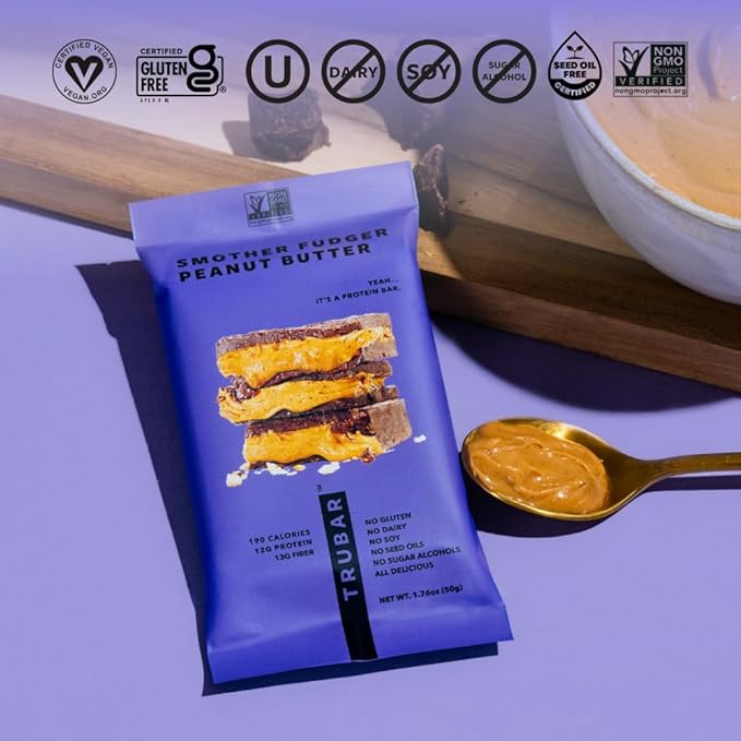 TRUBAR Vegan Protein Bar, Smother Fudger Peanut Butter, Gluten Free, Plant Based Protein, Dairy Free, Non GMO, Soy Free, No Sugar Alcohols, 12G Protein, 13G Fiber, Healthy on the Go Snack Bars, 12 CT