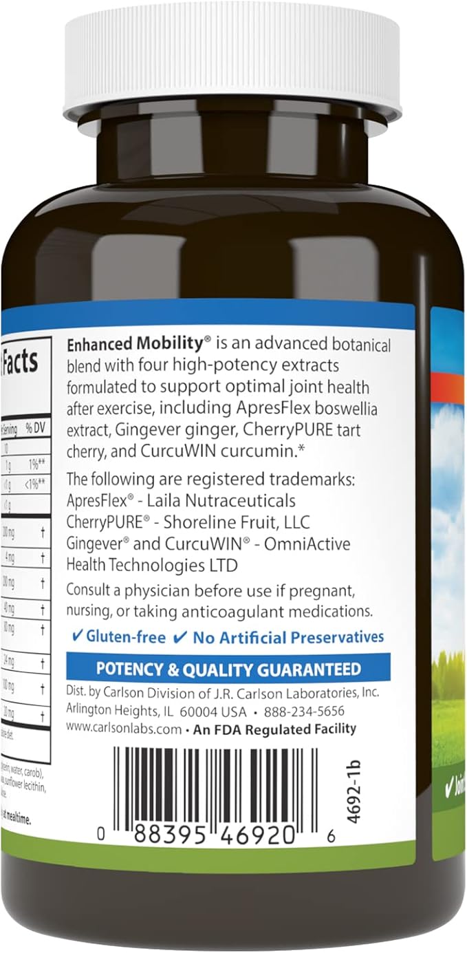 Carlson - Enhanced Mobility, Botanical Joint Support, Boswellia, Tart Cherry, Curcumin, Ginger, 120 Softgels