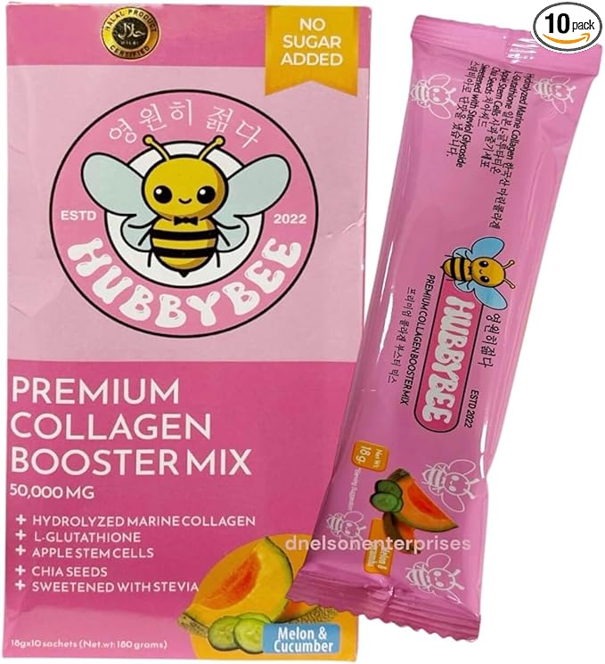 Hubby Bee Premium Collagen Booster Mix - 50,000 MG Korean Hydrolyzed Marine Collagen with Japanese L-Glutathione & Apple Stem Cells - 10 Sachets (18g Each) (180g, Melon Cucumber)