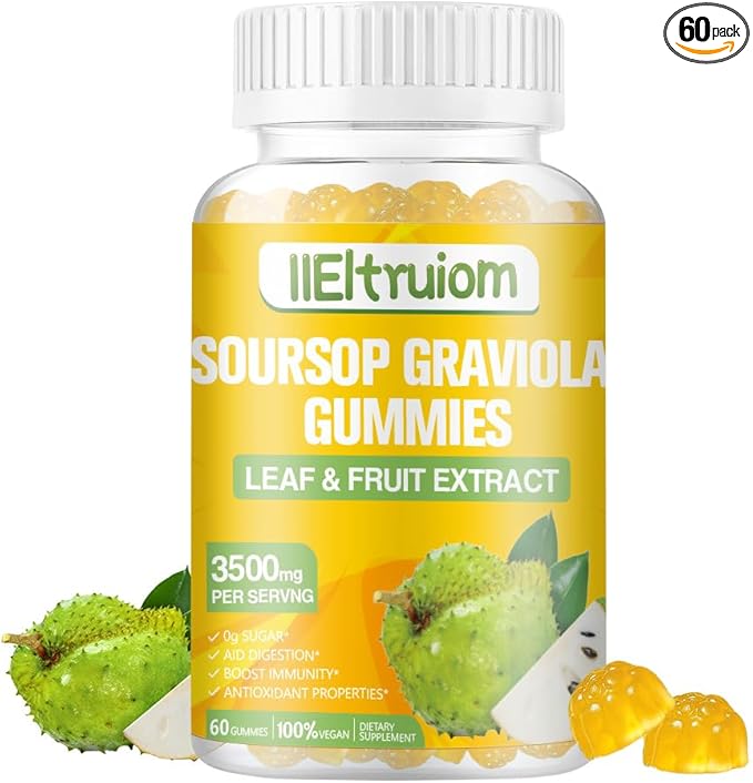 Soursop Gummies for Adults, Organic Soursop Leaves and Fruit Extract with Vitamin C, Zinc, 3500mg Soursop Graviola for Immunity, Digestive Aid & Antioxidant Boost, Sugar/Gluten Free(30 Servings)
