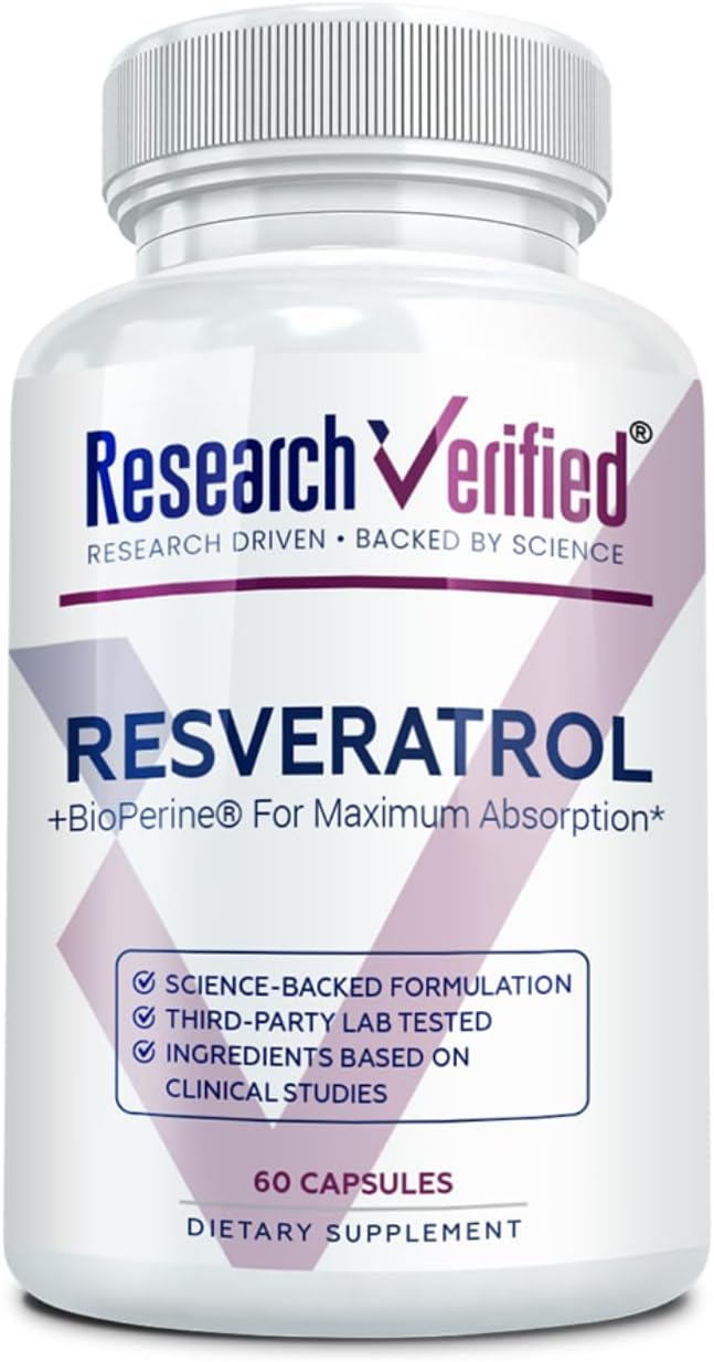 Research Verified Resveratrol - 98% Trans-Resveratrol 1000 mg, Anti-Aging Support - 1 Bottle - 60 Capsules