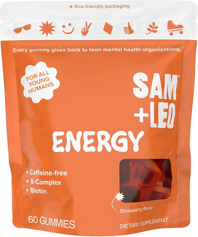 SAM+LEO Vitamin B Complex Gummies with Biotin for Kids & Teens - Caffeine-Free Focus & Energy Support Supplement Gummies | Vegan & Gluten Free Supplement - Strawberry Flavor (60 Count)