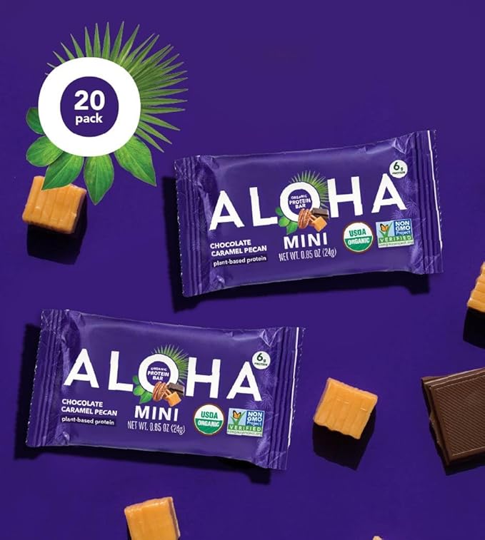 ALOHA Organic Plant Based Protein Bar MINIS | Caramel Chocolate Pecan | GLP-1 Friendly, 20 Count, 24g Bars | Vegan, Low Sugar, Gluten Free, Low Carb, Non-GMO, No Stevia, No Soy, No Sugar Alcohols