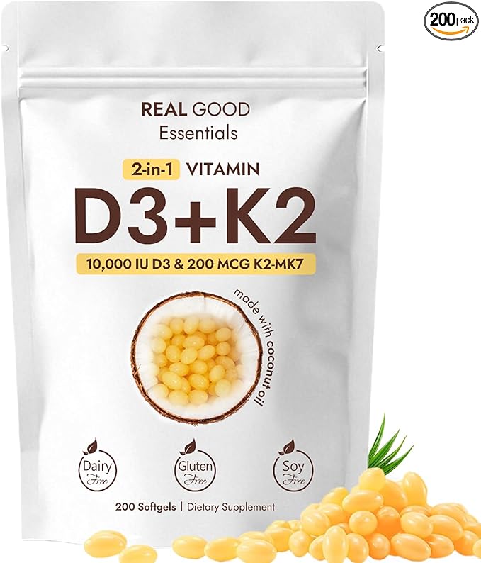 Real Good Essentials Vitamin D3 K2 10000 IU, 200 Virgin Coconut Oil Softgels, 2 in 1 Vitamins Supplement D & K (Include MK7), Easy to Swallow, Supports Calcium Absorption, Bone Health (1pc)