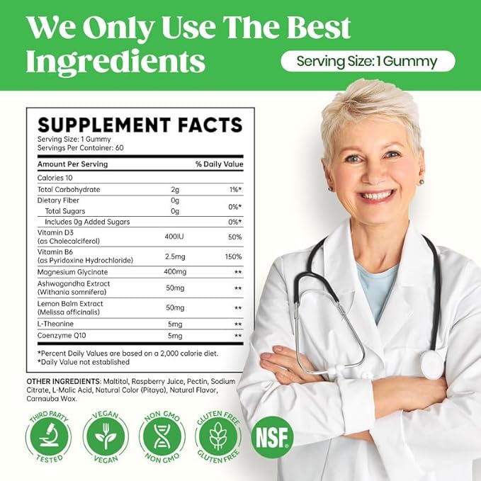 60 Day Supply Magnesium Glycinate 400mg Gummies with Ashwagandha, L-Theanine, CoQ10, Vitamin D3 & B6, Sugar Free Magnesium Gummies for Adults & Kids, Stress Relief, Sleep & Calm, Vegan, Gluten Free