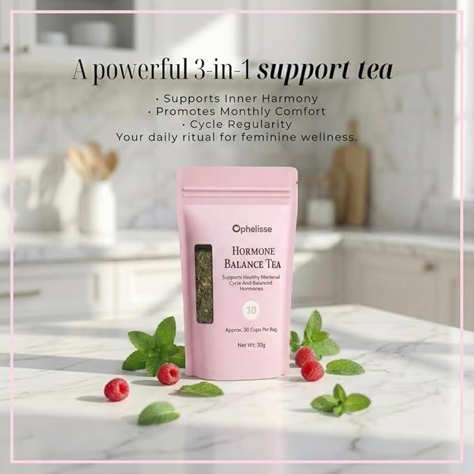 Ophelisse Hormone Balance Tea for Women - Loose Leaf Red Raspberry & Spearmint Herbal Blend - Menstrual Cycle, PMS & Occasional Discomfort Support - Caffeine Free Feminine Wellness, 30 Servings