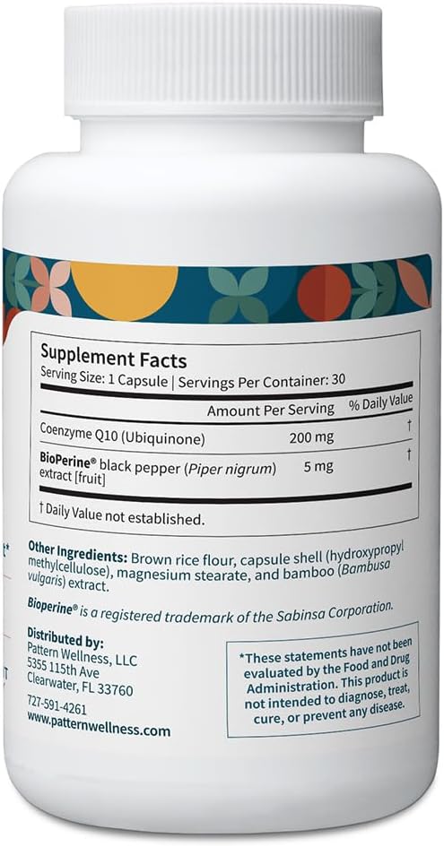 Pattern Wellness CoQ10 – 200mg Ubiquinone with BioPerine® Black Pepper Extract – Cellular Energy & Vitality Support – Non-GMO – 60 Vegan Capsules*