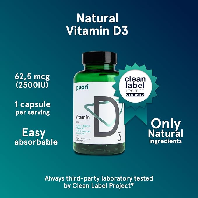 Puori Vitamin D3 Softgels, 2500 IU (62.5 mcg) - Fast Absorbing Vitamin D3 Supplements for Immune System Support, Bone Health & Density and Healthy Muscle Functions - Non-GMO & Gluten-Free - 120 Count