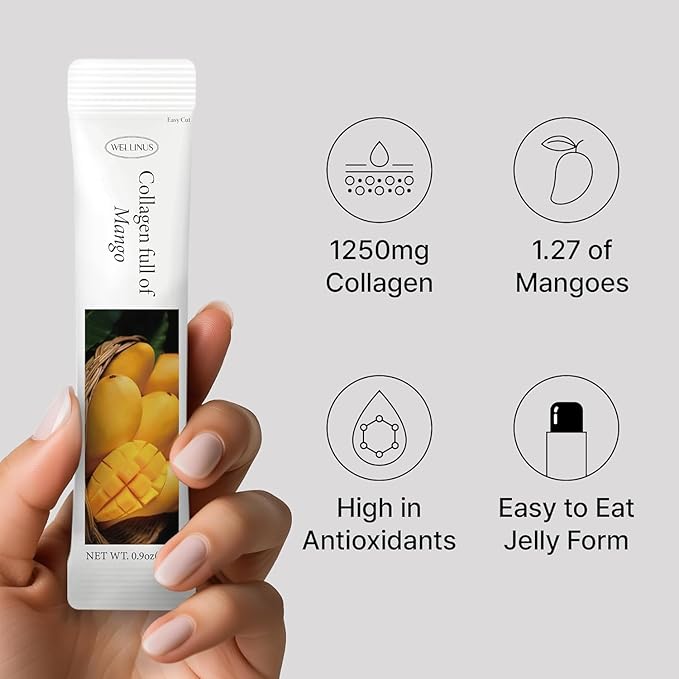 WELLINUS Collagen Jelly Stick, Marine Collagen, Fast Absorbing, Snack, Ultra-Low Weight Molecular Marine Collagen, HACCP Certified, 22.05 oz/Pack of 25 (3 Pack, Pomegranate Mango Blueberry)