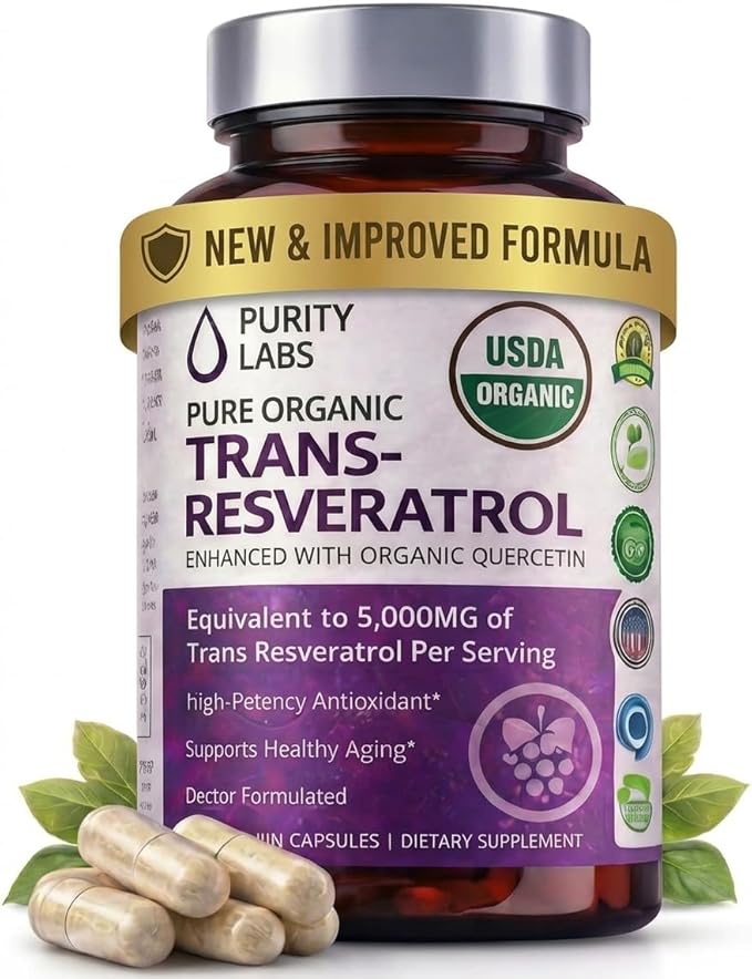 Purity Labs Trans-Resveratrol Supplement 5,000 mg Equivalent per Serving with Quercetin, USDA Organic High Potency Antioxidant, Vegan Capsules, 90 Count