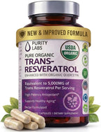 Purity Labs Trans-Resveratrol Supplement 5,000 mg Equivalent per Serving with Quercetin, USDA Organic High Potency Antioxidant, Vegan Capsules, 90 Count