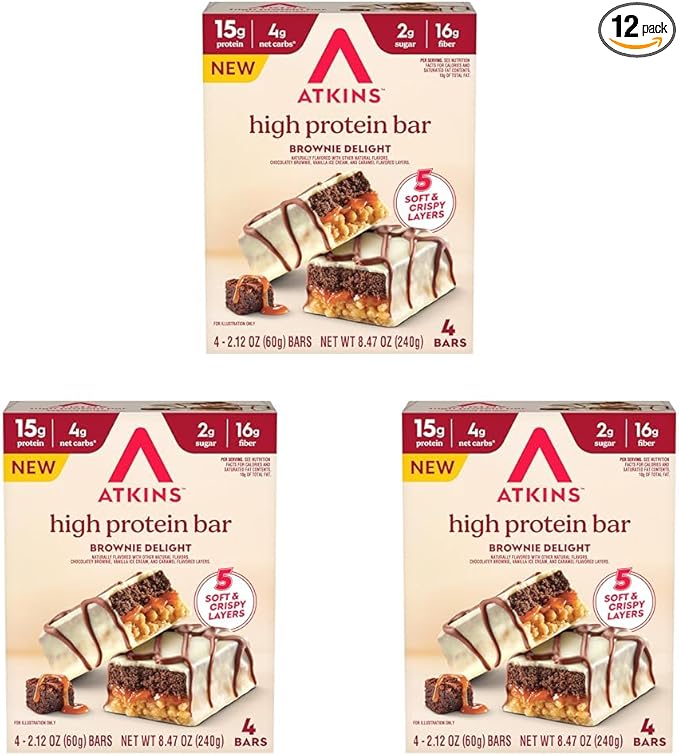 New Atkins High Protein Bars, Brownie Delight Flavor, 15g of Protein, 4g Net Carbs, 4 Count* (Pack of 3)