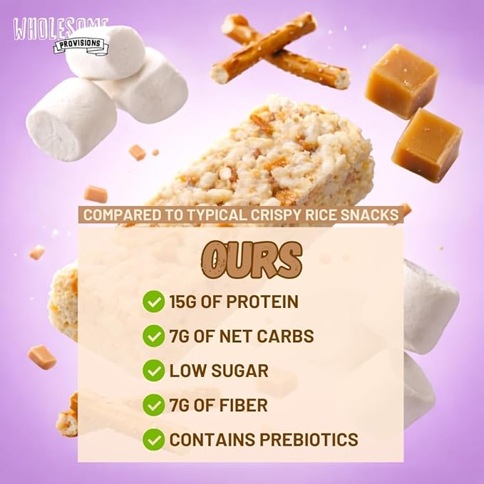 Protein Crispy Rice Treats, 15g Protein, 3g-7g Net Carbs, Low Carb, Fluffy, Soft, Chewy, Gluten Free, High Fiber, Keto-Friendly, No Aftertaste (Salted Toffee Crunch, 1 Pack)