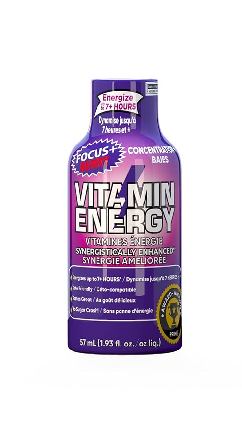 Vitamin Energy Focus+ Extra Strength Energy Shot Berry 12 Pack, 260mg Natural Caffeine, B-Vitamins, CoQ10, Amino Acids, Focus, Productivity & Clarity, Zero Sugar, Gluten-Free, 1.93 fl oz